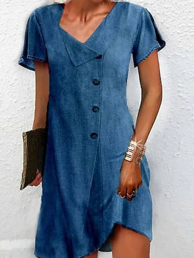 Women's Casual Solid Color Short Sleeve Button Denim Dress