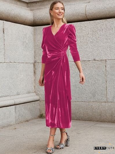 Surplice Puff Sleeve Midi Dress
