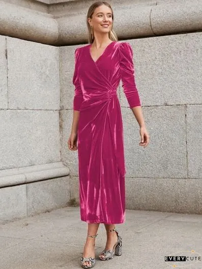 Surplice Puff Sleeve Midi Dress