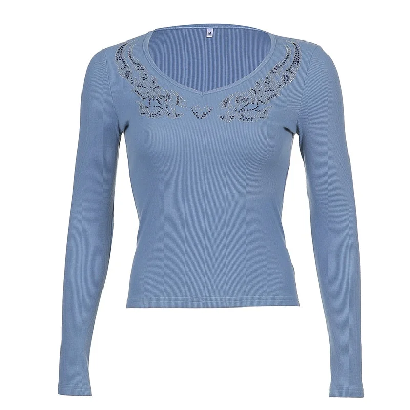 Rapcopter Diamonds Crop Top Black Long Sleeve Knitted T Shirt V Neck Basic Harajuku Pullovers Women Autumn Winter Tee Korean 90s