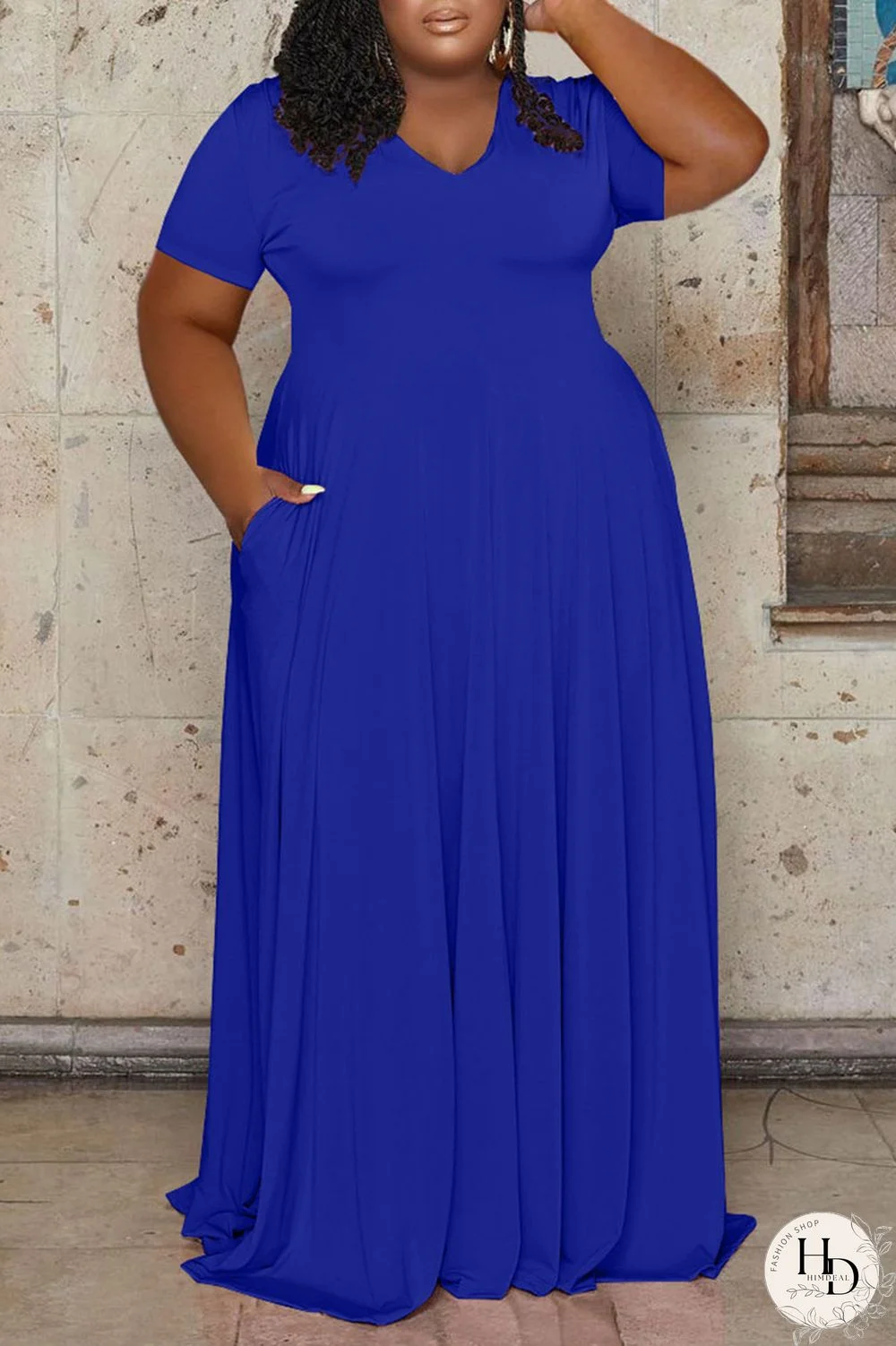 Blue Casual Solid Patchwork V Neck Straight Plus Size Dresses