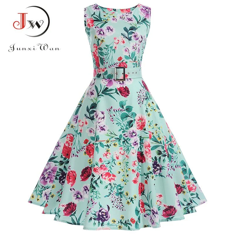 Vestidos Vintage Dress Summer Floral Print Sleeveless Party Dresses 50s 60s Elegant Rockabilly Sexy Pin Up Dress with Belt