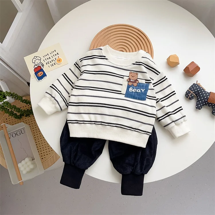 Baby Boy Bear Embroidery Striped Long Sleeve Sweatshirt with Pants Set