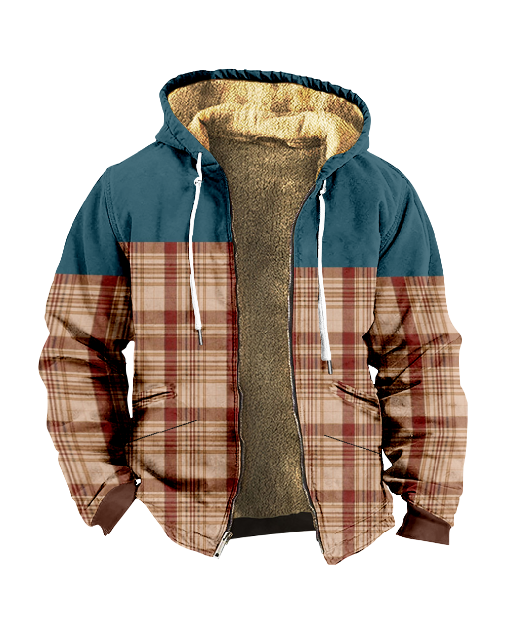 Suitmens Plaid Contrasting Colors Fleece Hooded Jacket 0039