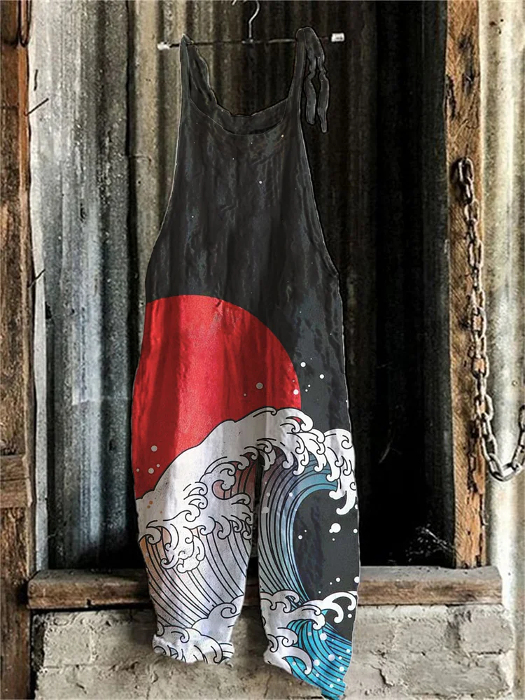 Sea Waves and Red Sun Japanese Art  Linen Blend Loose Casual Jumpsuit