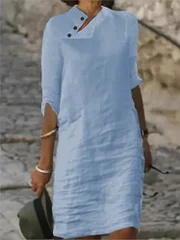 Cgacest Spring Summer Casual Loose Dress 2025 Women Button Neck Design Half Sleeve Midi Dresses For Women Elegant Beach Party Dresses