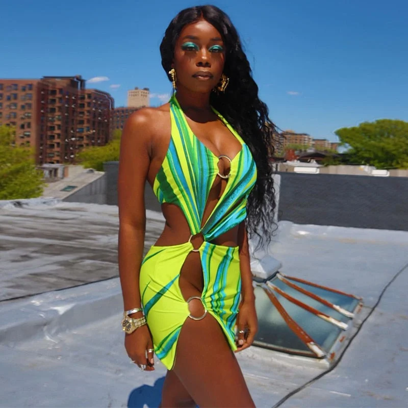 Hugcitar 2021 Sleeveless Patchwork Hollow Out Asymmetric Hollow Out Sexy Dress Summer Women Fashion Streetwear Club Outfits