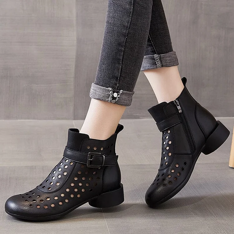Summer Retro Hollow Leather Low Heels Boots