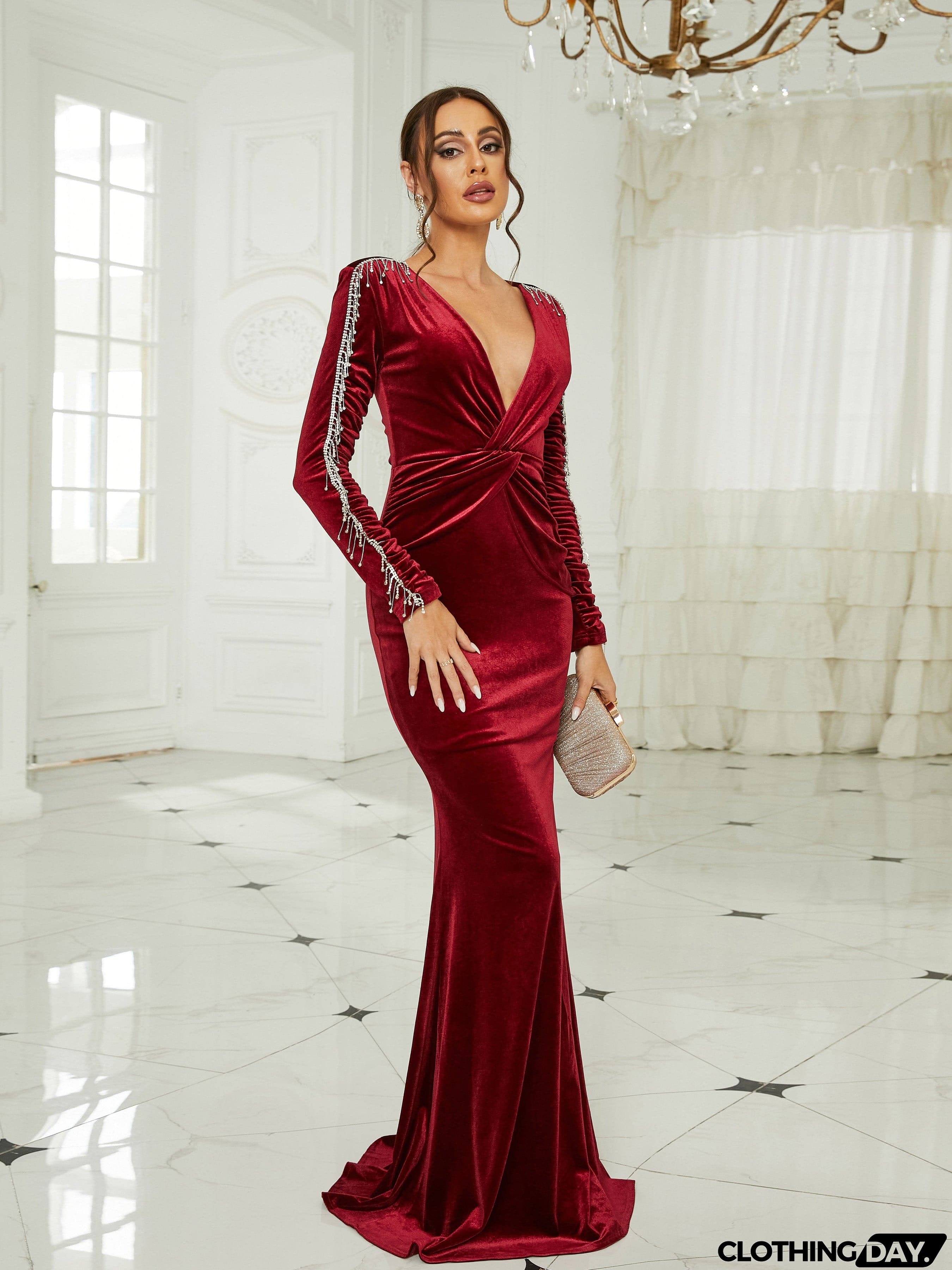 Deep V-neck Ruched Velvet Mermaid Dress XJ2653