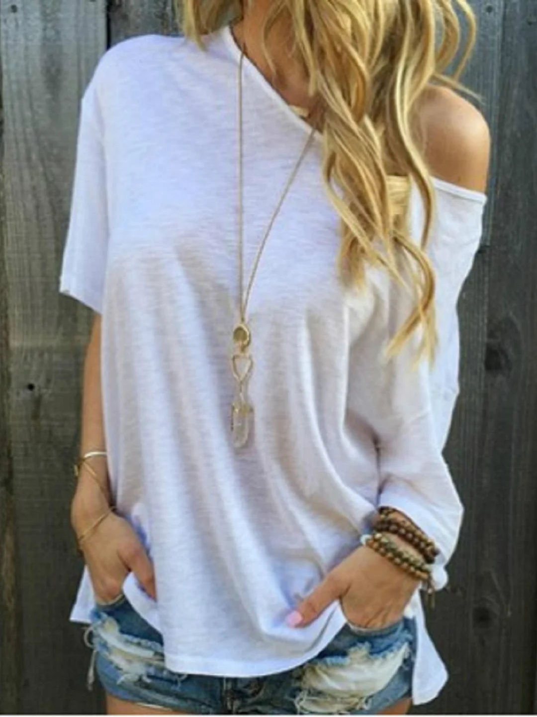 Straight shoulder casual solid color short-sleeved T-shirt