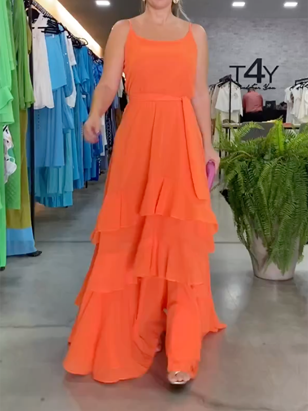 Solid Color Tiered Sleeveless Spaghetti-Neck Maxi Dresses