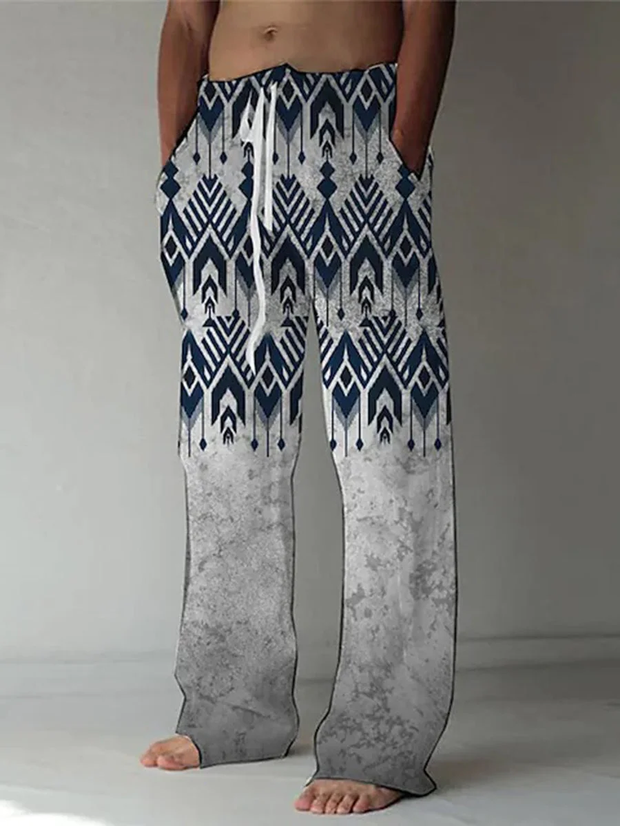 Men's Ethnic Style Geometric Printed Cotton and Linen Casual Pants
