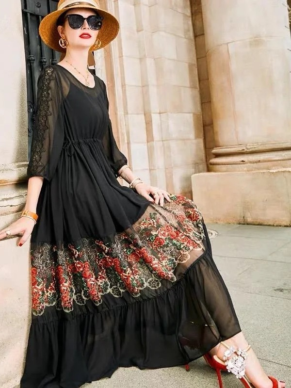 Elegant Black V Neck Embroideried Lace Tulle Dresses Two Pieces Set Spring