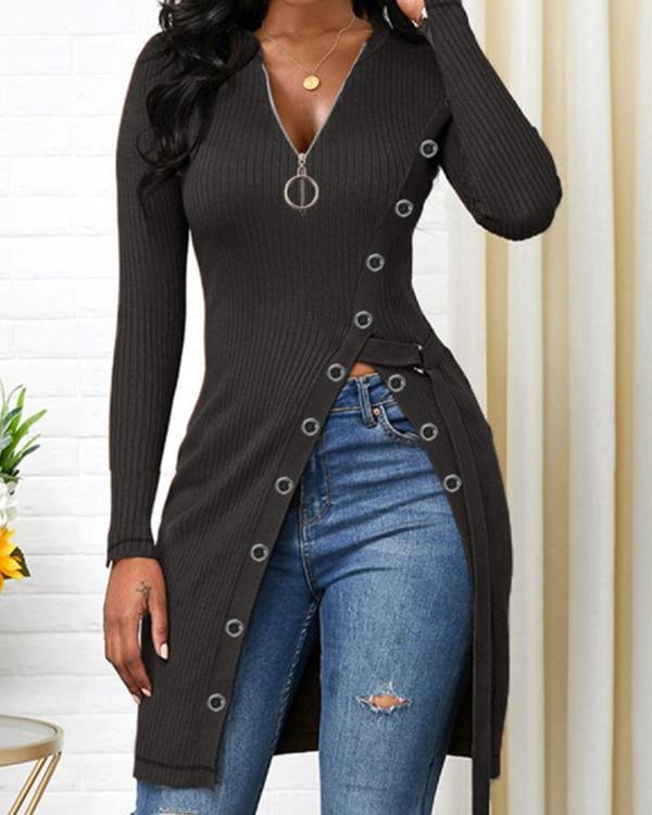 Side Slit Round Neck Long Sleeve Sweater