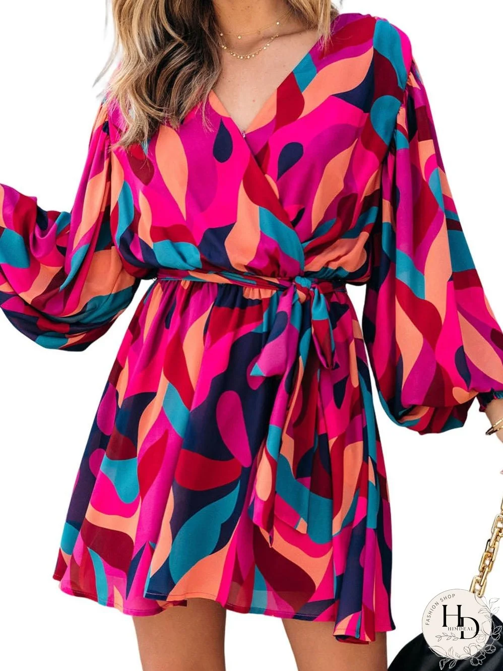 Lapel Print Lace-Up Long Sleeve Dress