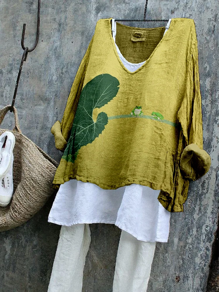 Comstylish Vintage Japanese Frog Linen Blend Flowy Tunic