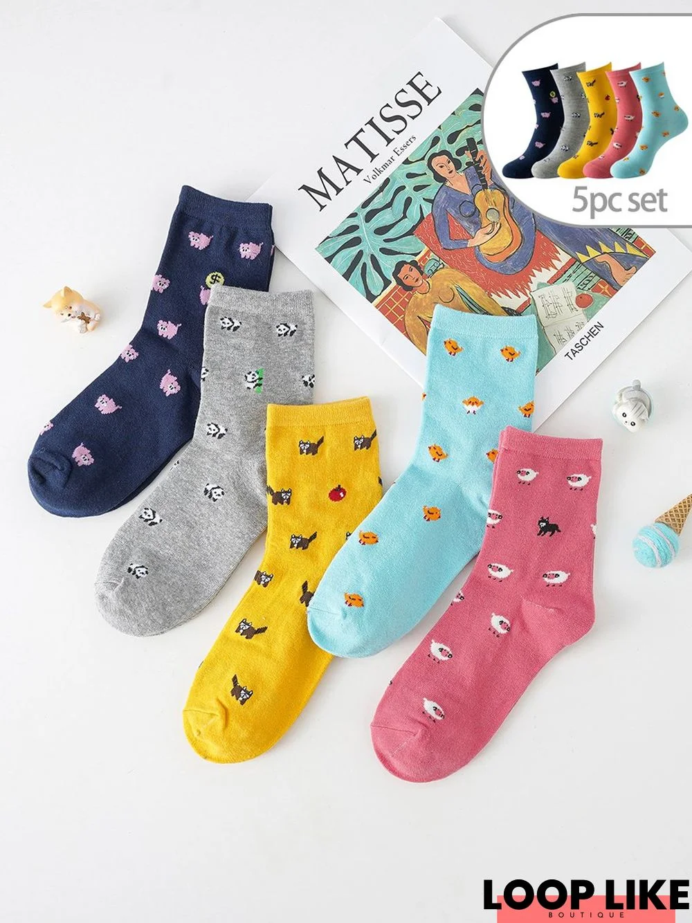 5Pcs Casual Animal Pattern High Stretch Socks Set Daily Commuting Outdoor Home Accessories