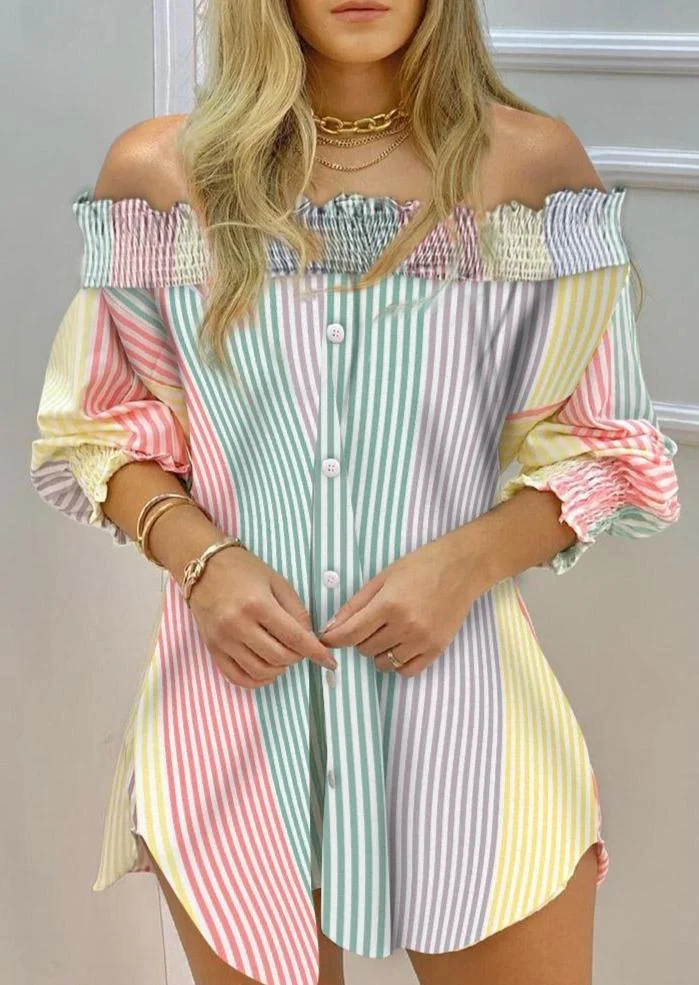Off Shoulder Color Striped Button Front Smoking Blouse Dress P13581