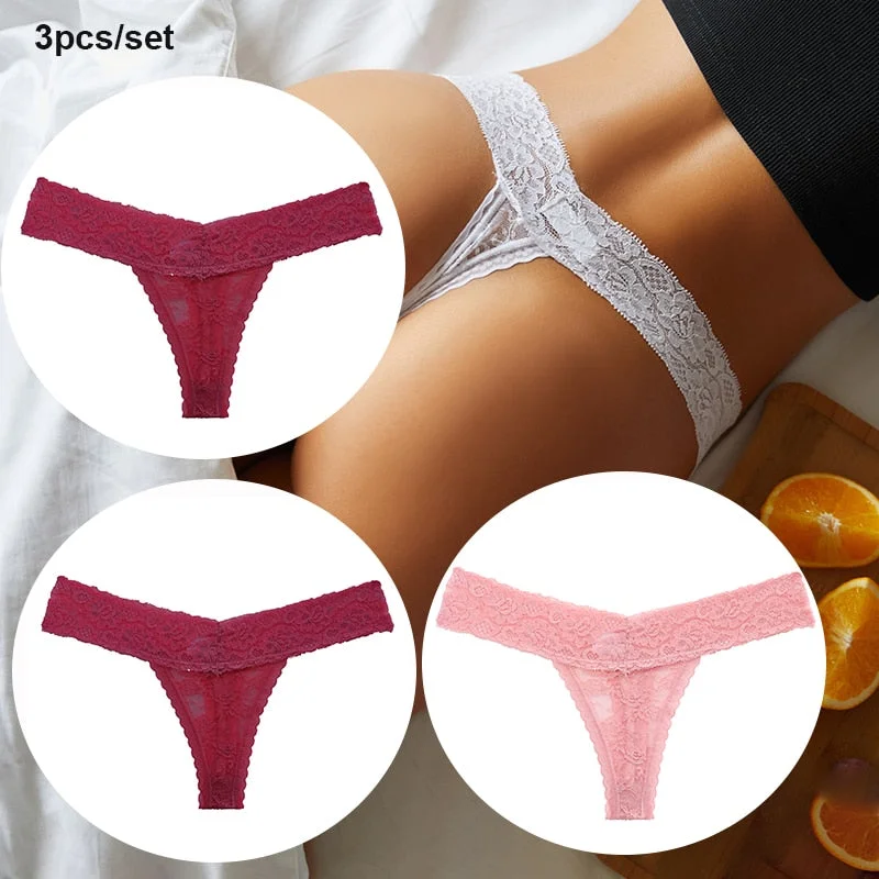 FINETOO 3PCS/Set Women Lace Sexy G-string Perspective Lingerie Temptation Panties Thong Underwear Panty Female Intimates M-XL