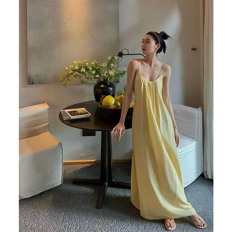 Zingj Zingj Yellow Halter Dress Loose Lazy Wind Summer 2023 New Back Sexy Light Yellow Dress