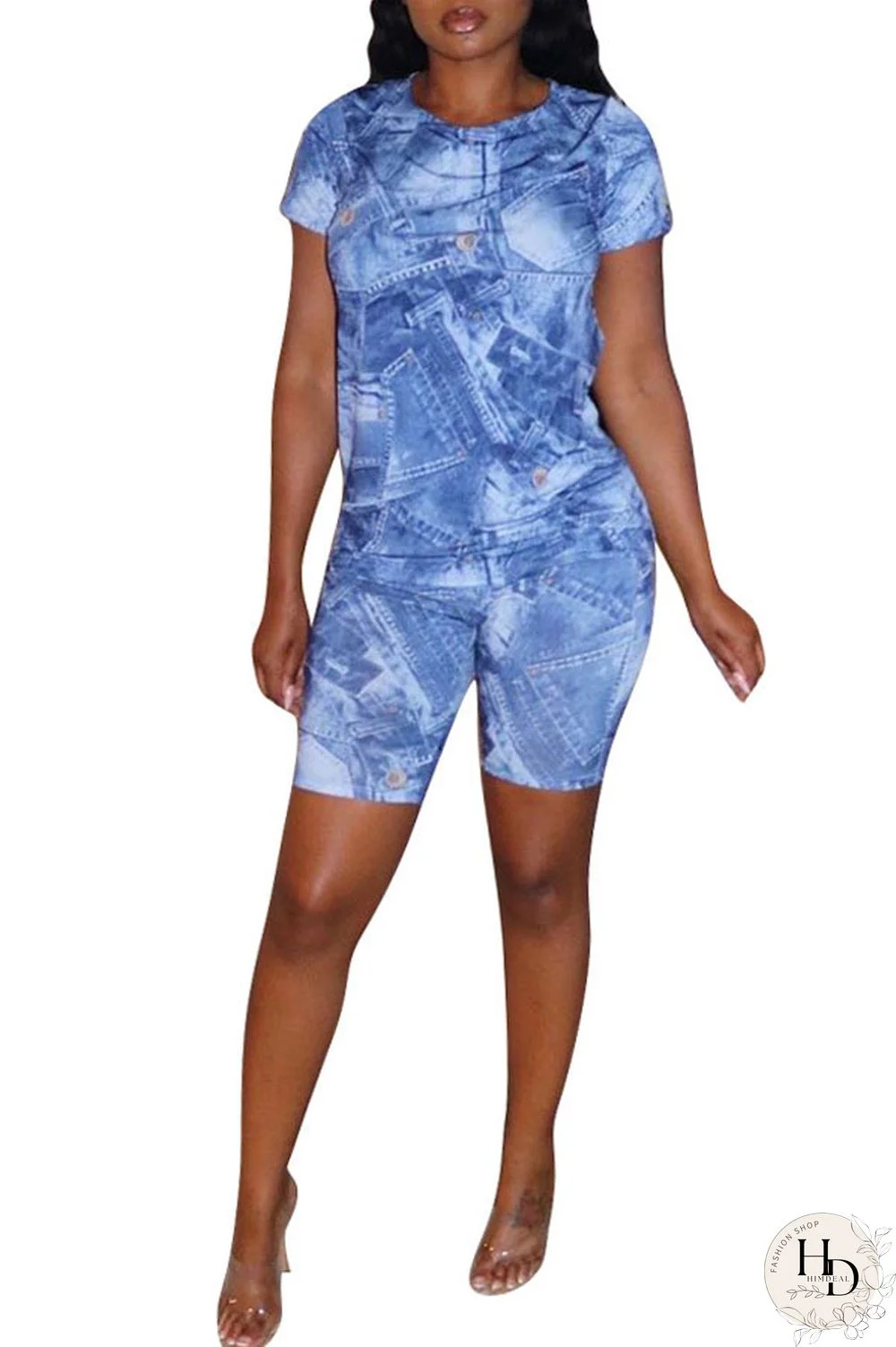 Blue Polyester Casual Print Straight Short Sleeve Two Pieces