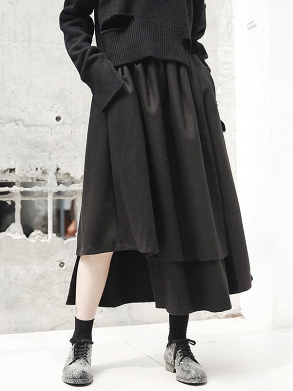 Simple Black Asymmetric Elasticity Waist Skirt