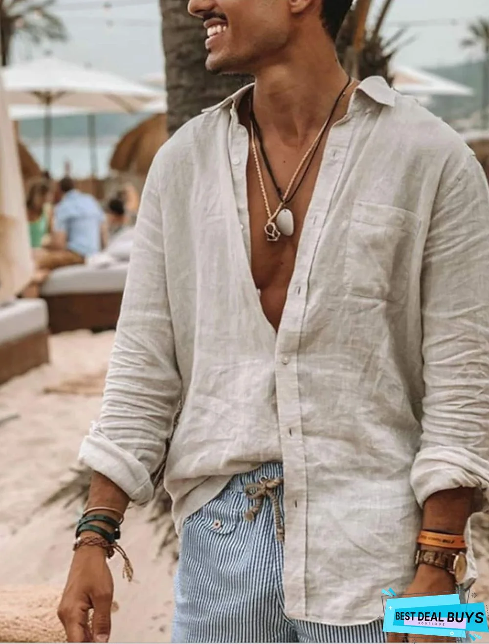 Men's Tee Shirt Solid Color Long Sleeve Daily Tops Cotton Simple Solid Color Casual / Daily Button Down Collar Green White / Beach Linen