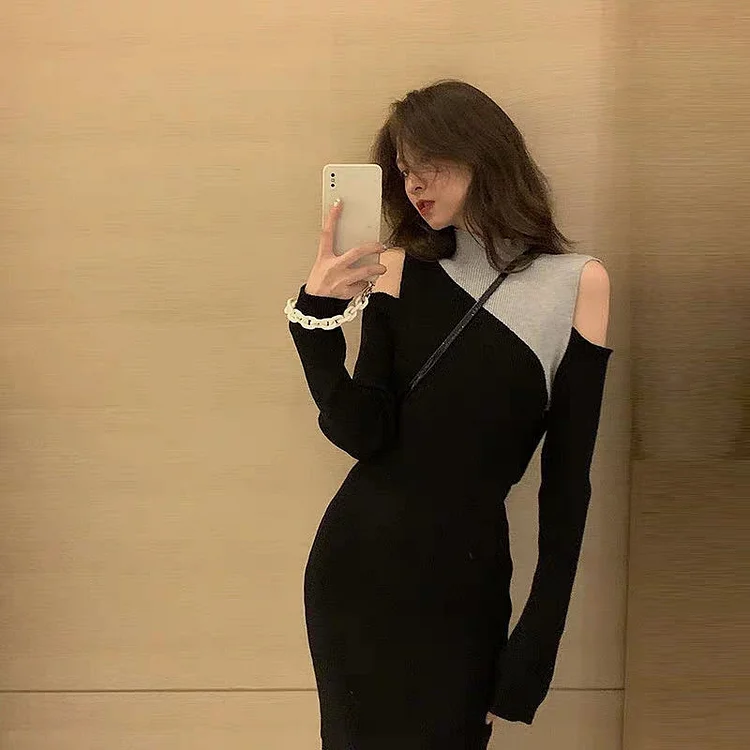 Sexy Half O-neck Long Sleeve Knitted Dress