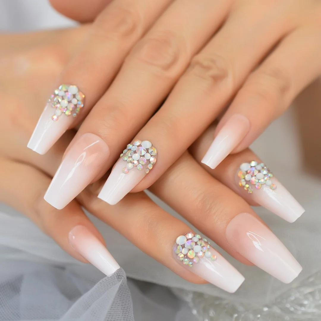 Salon Perfect Artificial Nails 3D Rhinestones Decorative White Nude Faux Ongles Long Ballerina Trapezoid Tips-Nail Inspo