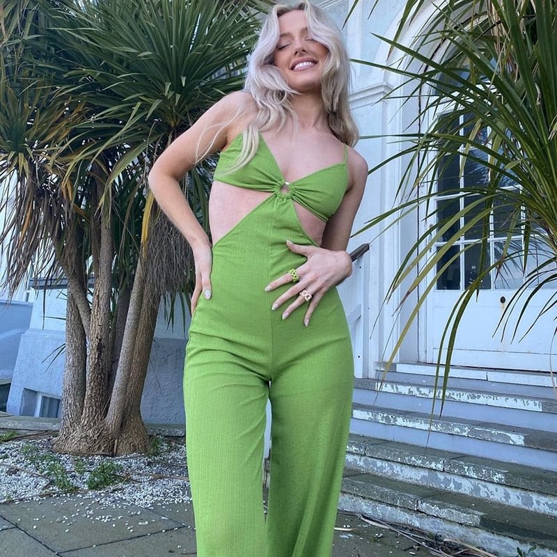 Cryptographic Sexy Cut Out Green Jumpsuits Women Rompers Fashion Club One Piece Outfits Summer Straps Overalls Clothes