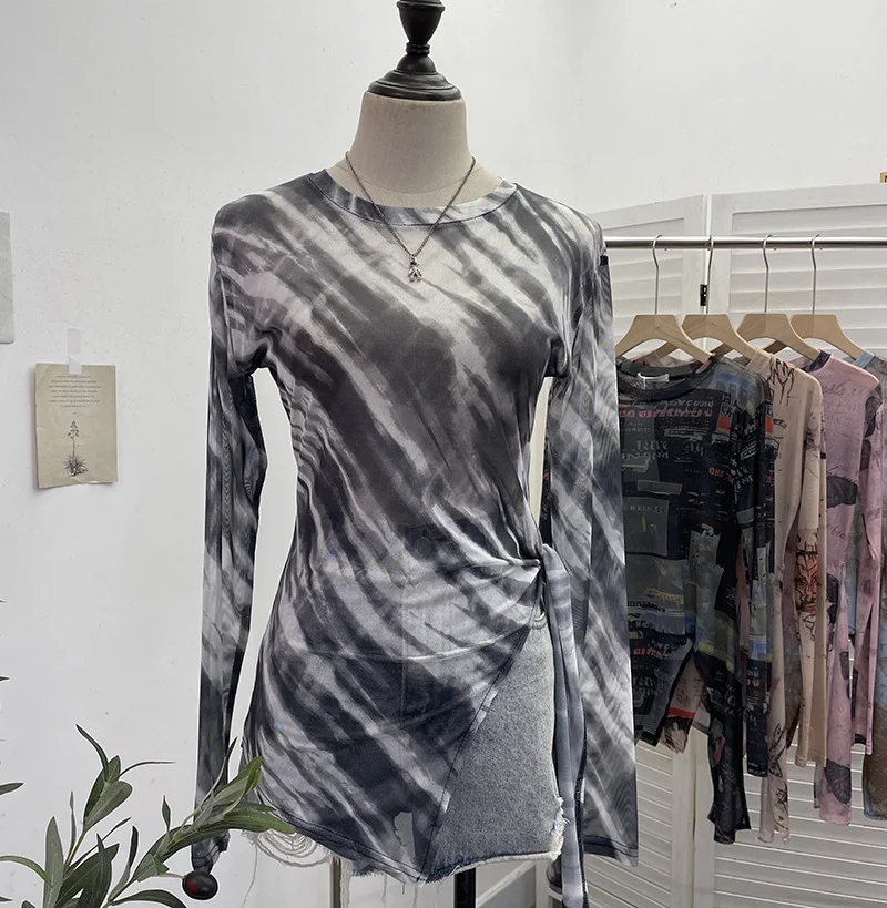 Uveng Vintage Tie-Dye-Print Net Yarn Jersey Long-Sleeved Top Irregularly T-Shirt With Thin Short T-Shirt 1919