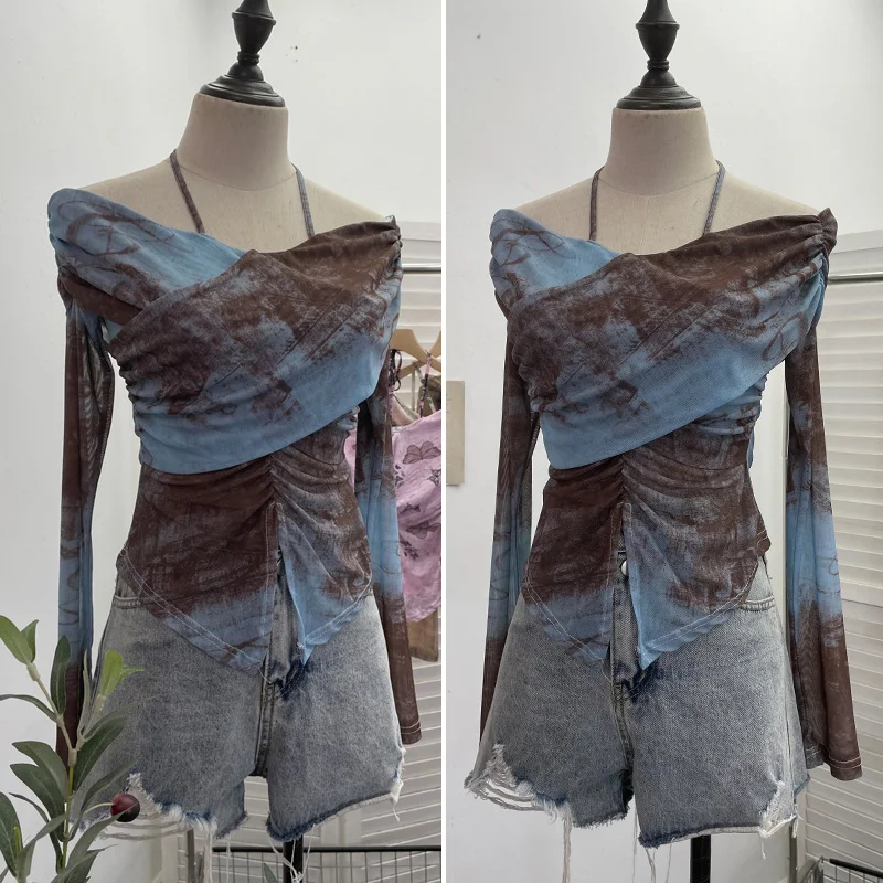 Uveng Real Shot Shoulder Strap Hanging Neck Pure Lust Wind Long-Sleeved T-Shirt Repair Cross-Folded Open Fork Short Top 9932