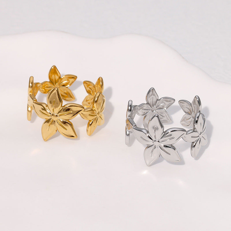 Fashionable And Versatile Ins Flower Simple And Cool Style Personality Design Open Stainless Steel Ring