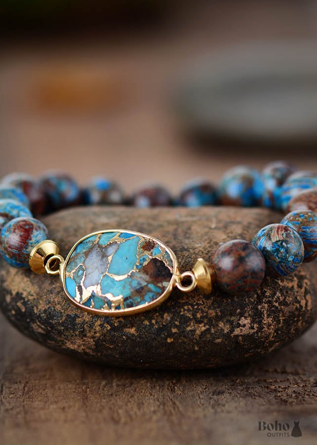 Boho Bracelet, Stretchy Bracelet, Brown Blue 10mm Bronzite Stone Tibetan