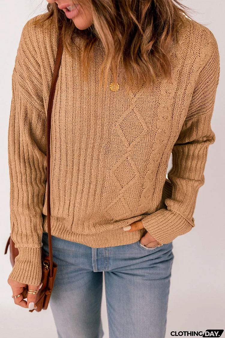 Khaki Multiple Pattern Knit Drop Shoulder Sweater