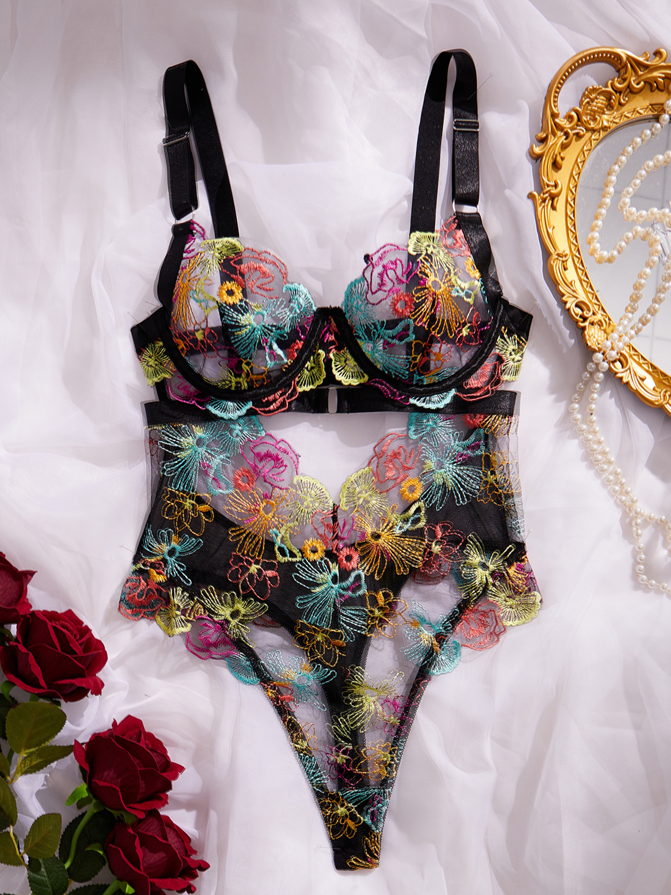 Lovingerie - Colorful Flowers Embroidered Sexy Lingerie