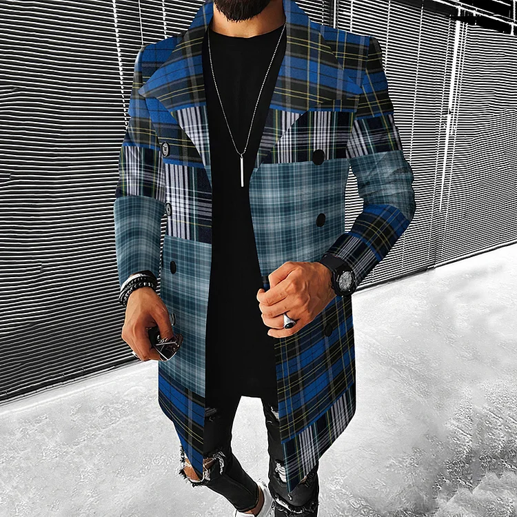 BrosWear Fashion Patchwork Blue Check Casual Coat