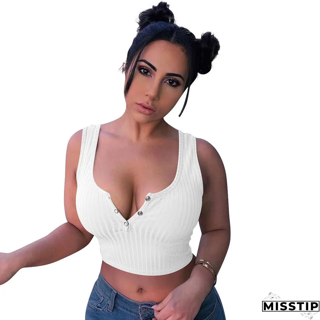 Women's Summer Casual Ribbed Tops Sexy Solid Color  Buttoned Vest