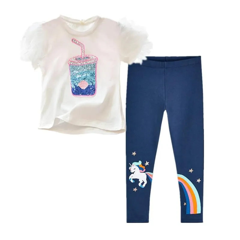 Two Pieces Kids Children Girls Clothes Set Little Girl Summer Cartoon Print T Shirt and Pants Leggings Outfits Clothing 2pcs