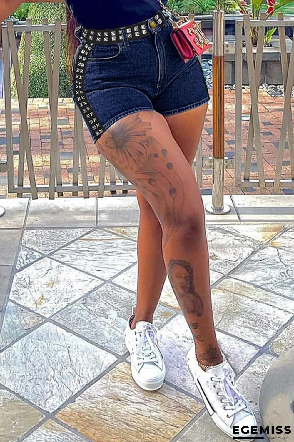 Dark Blue Fashion Casual Patchwork Rivets High Waist Skinny Denim Shorts | EGEMISS