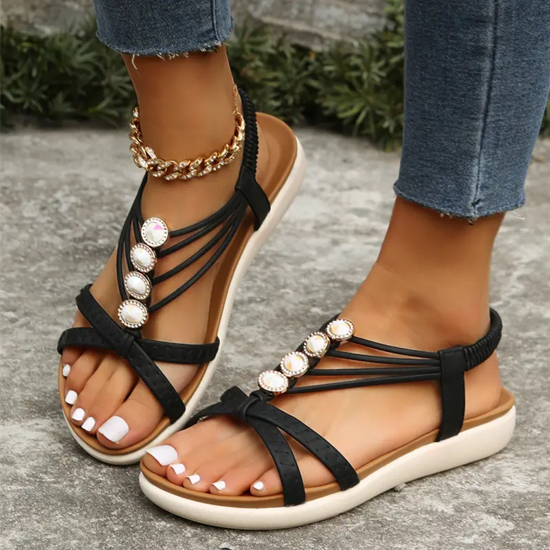 Women s Cross Strap Flat Sandals Boho Style Elastic Strap Slip On