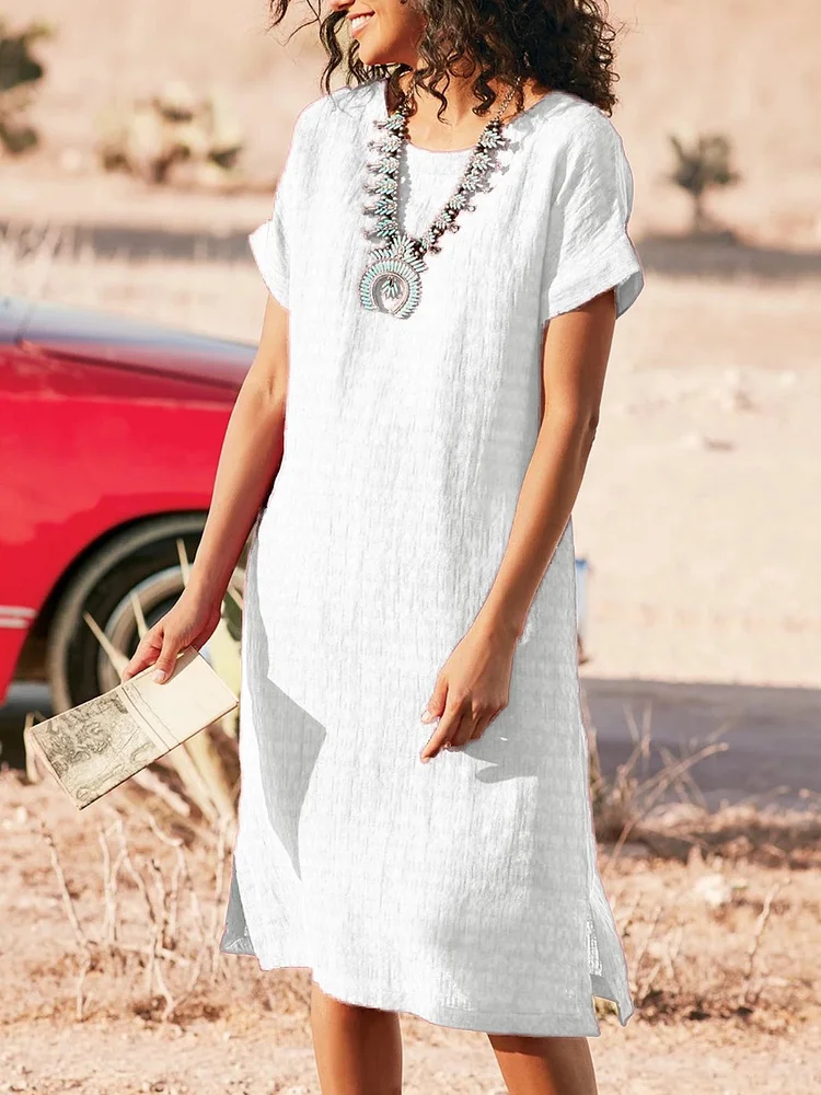Casual round neck short sleeve slit dress