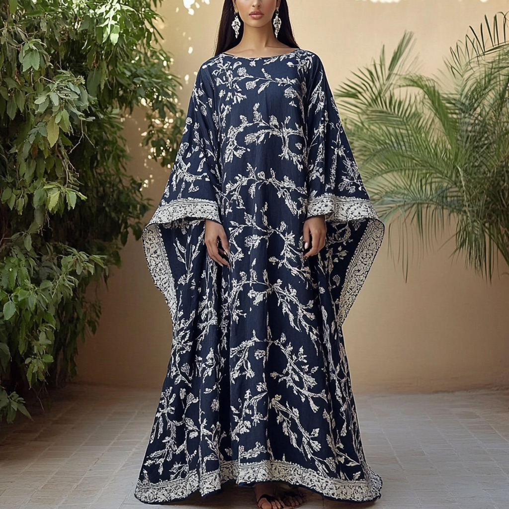 Women's Middle Eastern Floral Print Contrast Color Stitching Temperament Four Seasons Robe Dress