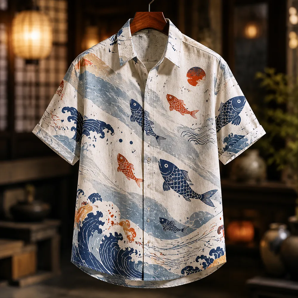 Men's Japanese Vintage Off-white Wave, Fish & Sun Short-sleeve Button-down Shirt  artssus