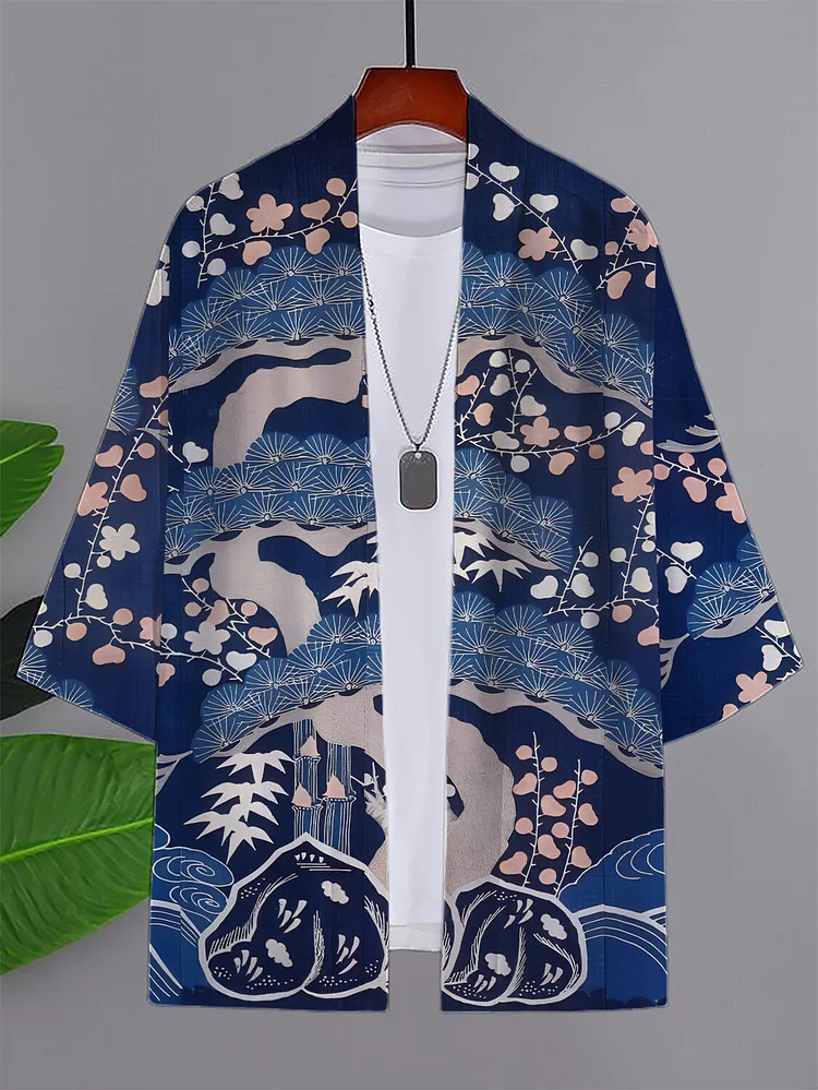 Men's Cherry Blossom Japanese Art Print Casual Kimono Cardigan