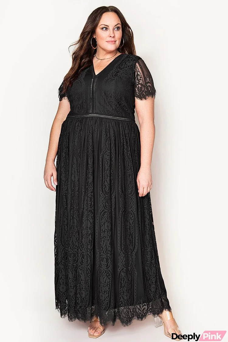 V-Neck Short Sleeve Lace Maxi Dress