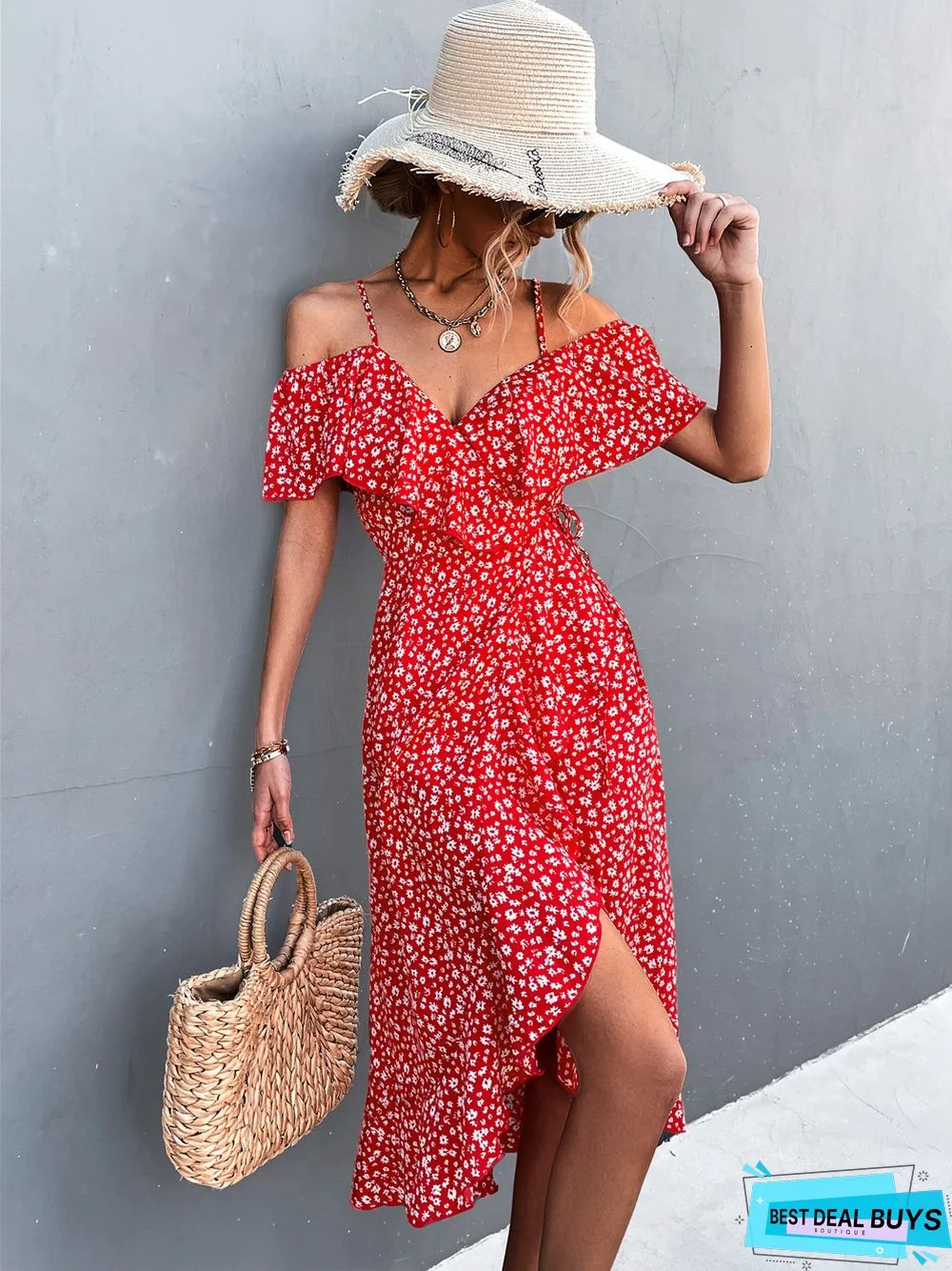 One Shoulder Floral Halter Dress Irregular Dress