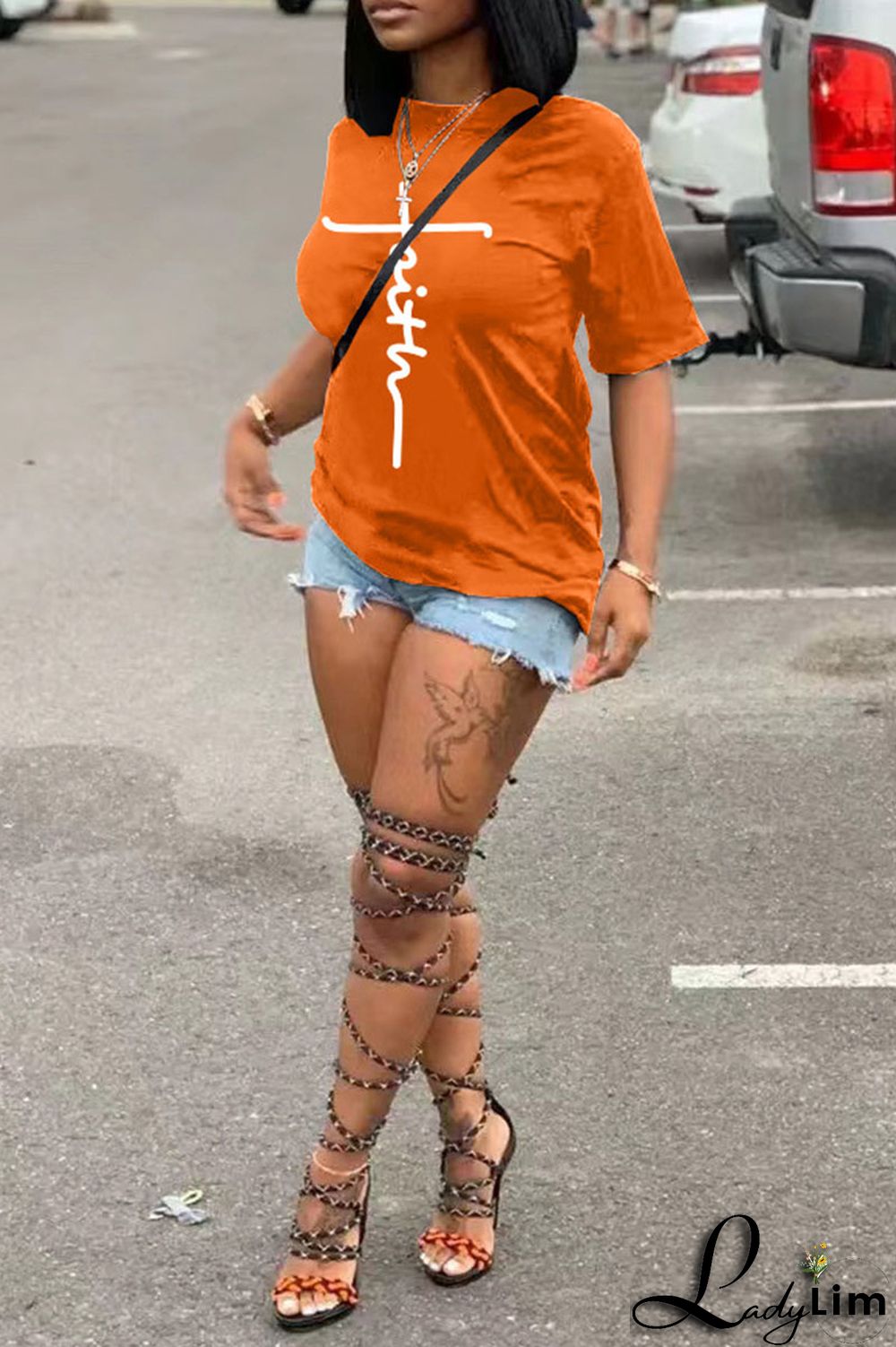 Tangerine Red Casual Print Patchwork O Neck T-Shirts