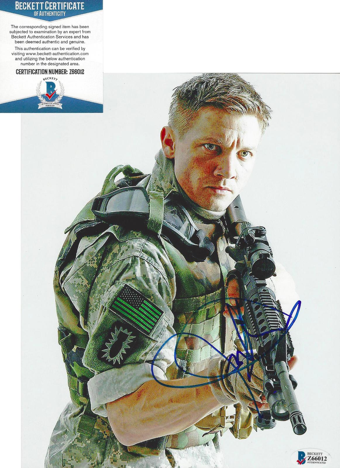 JEREMY RENNER SIGNED 'THE HURT LOCKER' 8x10 MOVIE Photo Poster painting ACTOR BECKETT COA BAS