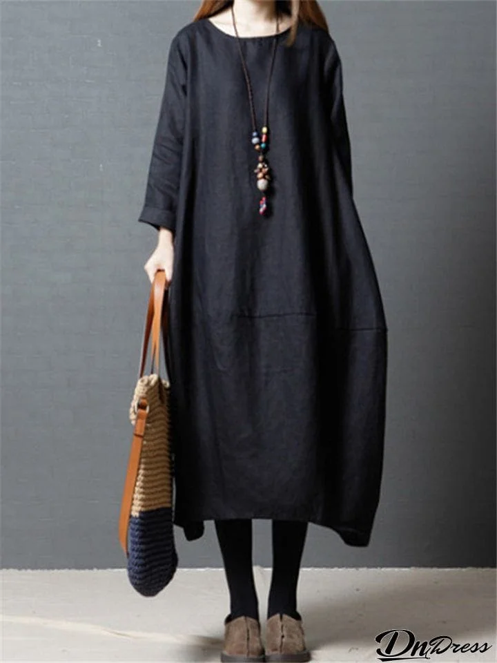 Casual Loose Long Sleeve Cotton Linen Moo Moo Dress